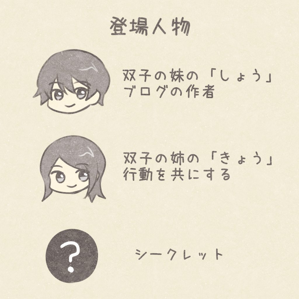 登場人物
双子の妹の「しょう」
ブログの作者
双子の姉の「きょう」
行動を共にする
シークレット