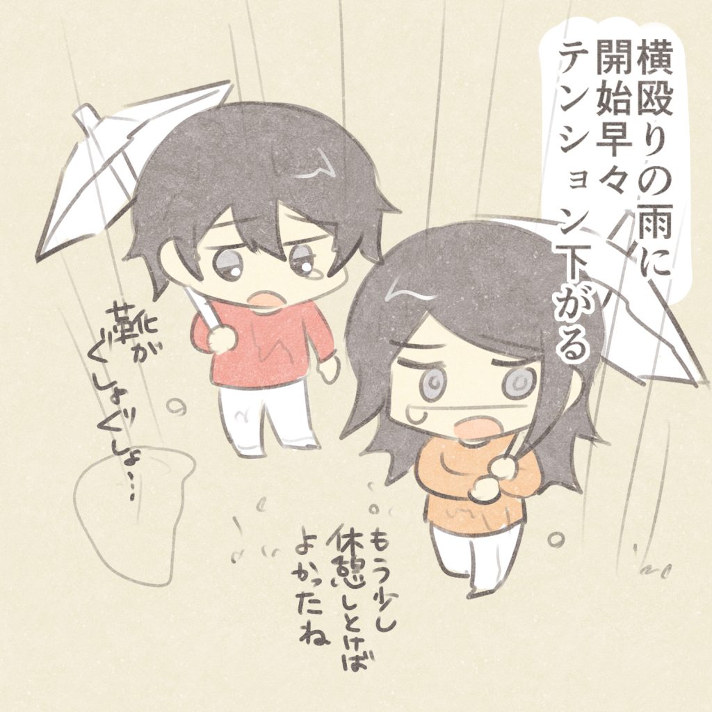 横殴りの雨に開始早々テンション下がる
靴がぐしょぐしょ・・・
もう少し休憩しとけばよかったね