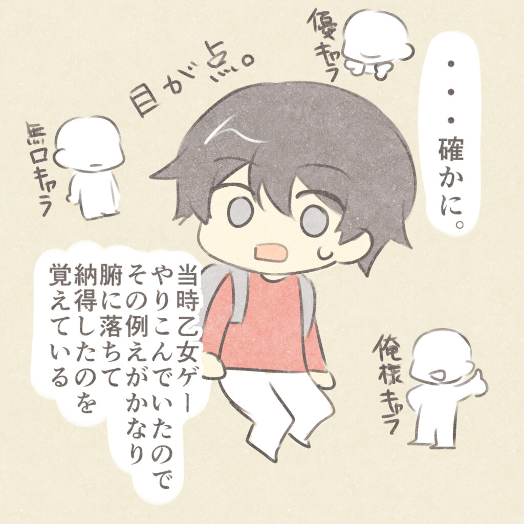 ・・・確かに。
目が点
当時乙女ゲーやりこんでいたので
その例えがかなり腑に落ちて納得したのを覚えている
俺様キャラ
優キャラ
無口キャラ